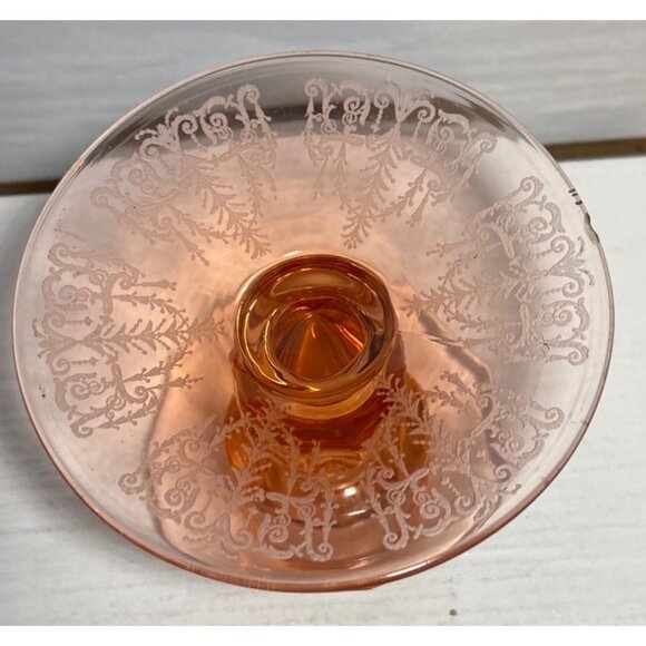 Vtg Pink Depression Glass Candle Holder 4" Tall Etched Design Detail Dual Ended - Picture 7 of 11